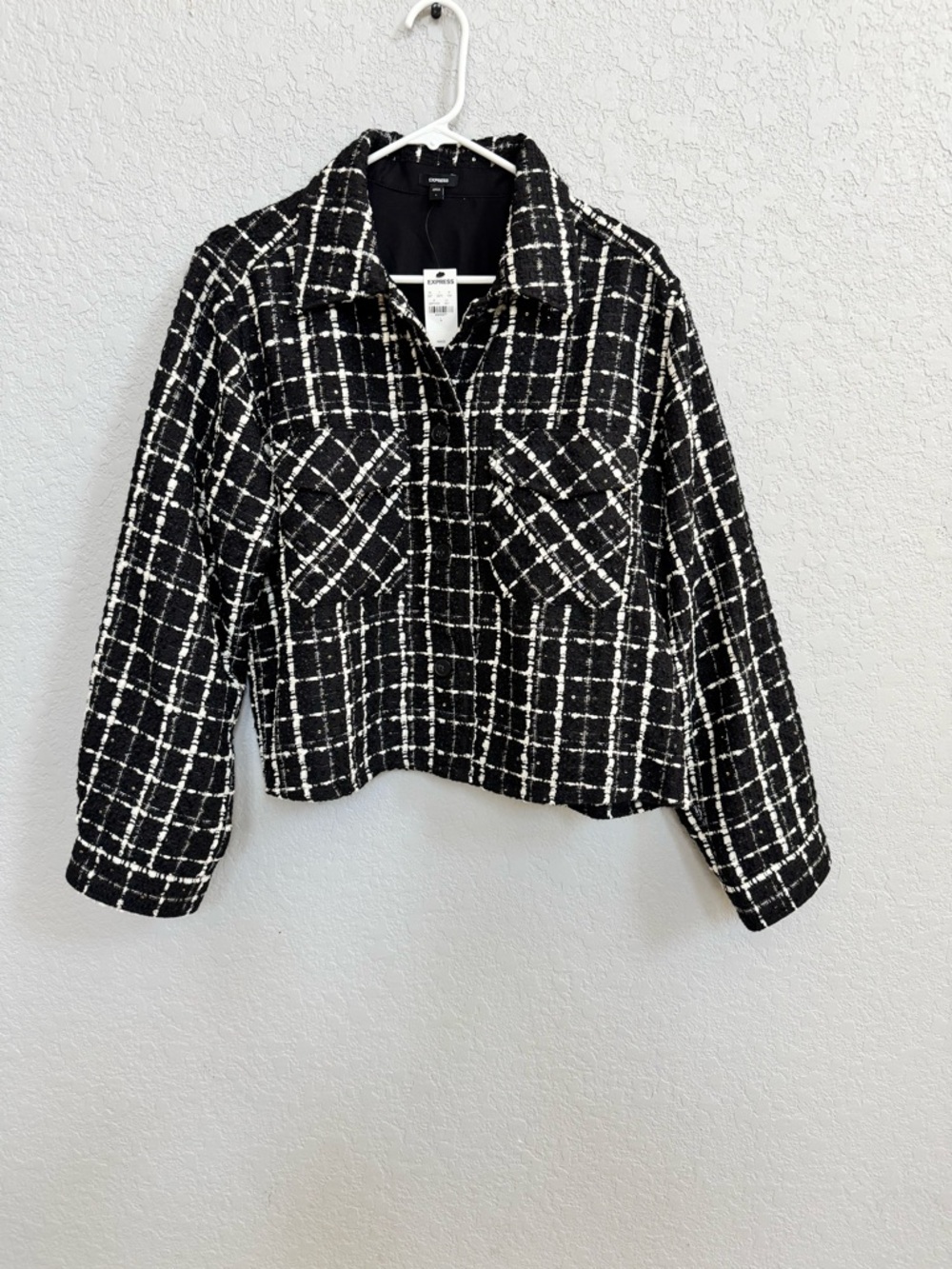 Express black and white checkered tweed plaid women's crop blazer jacket